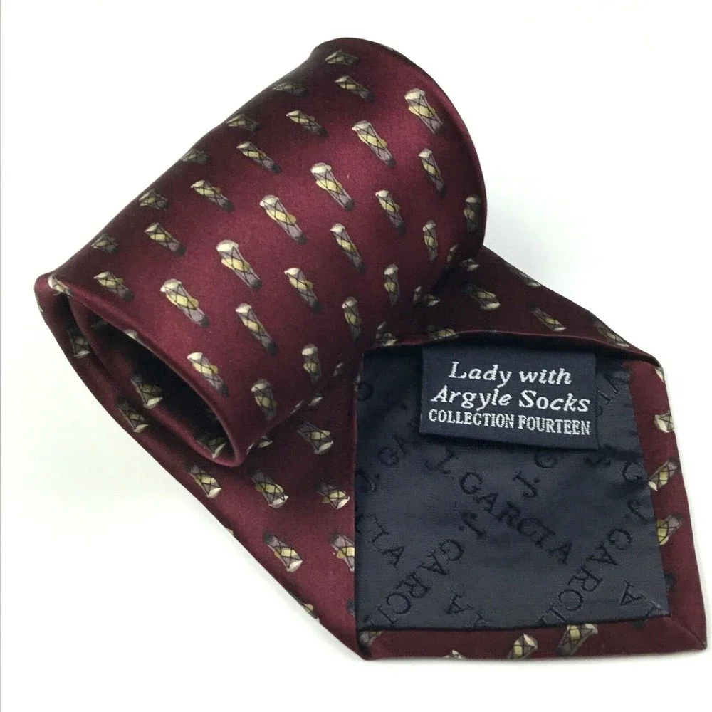 JERRY J GARCIA1996 Men's Silk Necktie Lady with Argyle Socks #14 Burgundy Tie